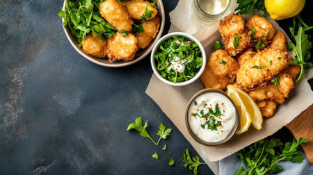 Enjoy a vibrant seafood platter featuring crispy fried pieces, fresh greens, and zesty dipping sauce. Perfect for a delightful meal or shared appetizer.の素材