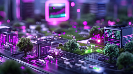 A captivating cityscape blending advanced technology with lush nature and livestock. The scene embodies a vibrant, futuristic vision where urban life coexists harmoniously with agricultural elements.の素材