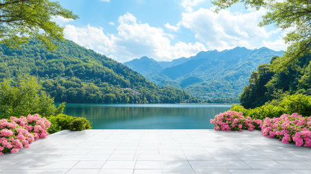 This stunning image captures a serene lake surrounded by lush mountains and blooming flowers. Perfect for travel or nature themes, the bright atmosphere evokes tranquility and peace.の素材
