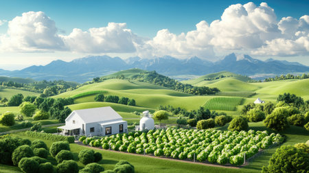 Experience a stunning countryside landscape featuring lush green fields, a quaint farm, and majestic mountains under a blue sky filled with fluffy clouds.の素材