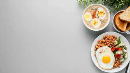 A vibrant breakfast spread showcasing eggs, beans, salad, and toast. Perfect for morning meals, this healthy and colorful plate is a nutritious choice.の素材