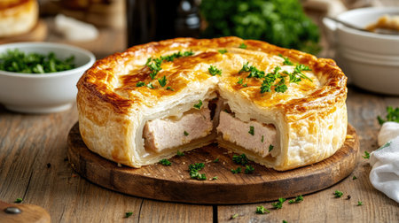 A beautifully baked golden pastry pie featuring a savory chicken filling, garnished with fresh herbs. Perfect for dinner or special gatherings.の素材