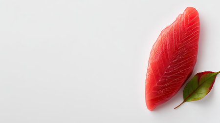 Vibrant red fish fillet with a fresh leaf, perfect for culinary showcases. This clean white background highlights the natural beauty of seafood for various dishes.の素材