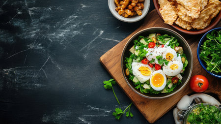 A vibrant and nutritious salad featuring boiled eggs, cherry tomatoes, and crispy chips, perfect for healthy meals or snacks. Enjoy this colorful dish!の素材