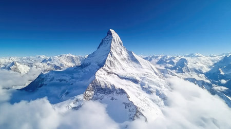 Breathtaking aerial view of a majestic snow-capped mountain peak surrounded by clouds and a clear blue sky, showcasing the beauty of nature and wilderness.の素材
