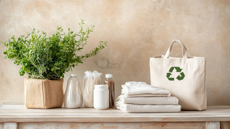 This image showcases a beautiful arrangement of eco-friendly home products, featuring indoor plants and sustainable textiles, perfect for a green lifestyle.の素材