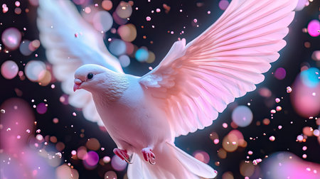 A stunning white dove gracefully flies through a vibrant bokeh background, evoking feelings of peace and beauty. The soft pink and colorful circles add an enchanting atmosphere.の素材