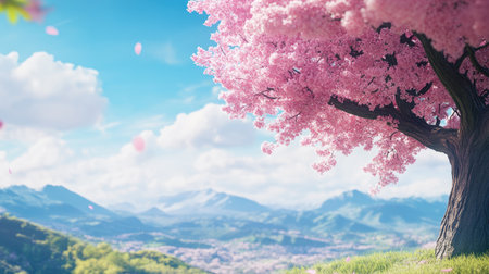 A stunning cherry blossom tree in full bloom, set against a breathtaking mountain backdrop. The vibrant petals and clear sky create a serene spring atmosphere.の素材