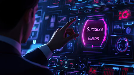 A businessman reaches for a glowing success button on a high-tech digital interface, symbolizing achievement and innovation in business strategy and technology.の素材