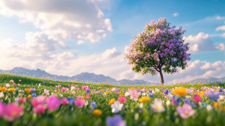 A picturesque scene featuring a blooming tree amid a colorful flower field, bathed in soft sunlight under a clear blue sky, evoking peace and natural beauty.の素材