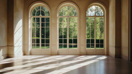 A bright and elegant interior featuring arched windows that invite ample natural light. The serene setting creates a peaceful ambiance, perfect for relaxation.の素材