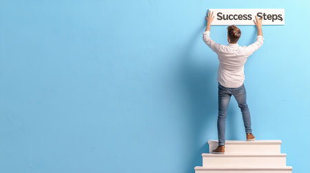 A man stands on stairs, placing a sign that reads "Success" on a blue wall. This image symbolizes personal growth, motivation, and the journey to achieve goals.の素材