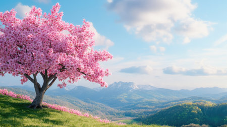 A breathtaking view featuring a cherry blossom tree in full bloom against a backdrop of rolling mountains and a clear blue sky, evoking tranquility and natural beauty.の素材