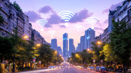 A stunning urban landscape at dusk features glowing Wi-Fi signals above bustling streets, illustrating modern connectivity in a vibrant city setting.の素材