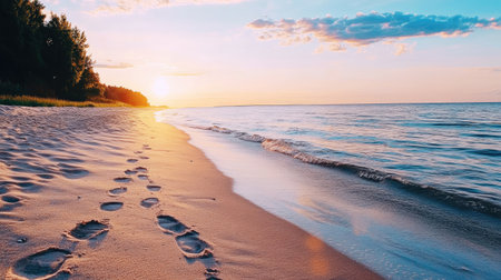 A tranquil scene of a sandy beach at sunset, featuring clear footprints leading toward calm waters. The vibrant sky reflects beauty and peace.の素材