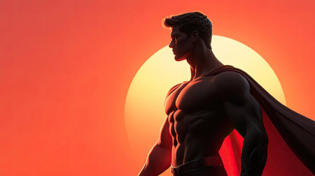 A striking silhouette of a heroic figure stands confidently against a vibrant sunset, embodying themes of strength and inspiration with dramatic lighting and color.の素材
