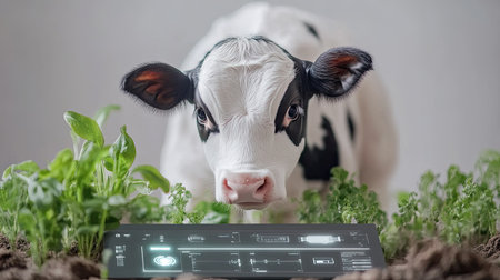 A curious calf examines a tablet placed on the ground, surrounded by vibrant green vegetables. This image showcases the integration of technology in modern farming practices.の素材