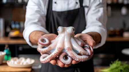 A professional chef presents a fresh octopus in a contemporary kitchen, highlighting culinary skills and vibrant seafood preparation for gourmet dishes.の素材