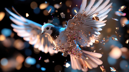 This captivating 3D illustration showcases a bird in flight, surrounded by sparkling crystal fragments, evoking a sense of elegance and freedom.の素材