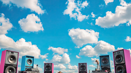 An outdoor music event showcasing vibrant speakers and brilliant clouds, creating a lively atmosphere. Perfect for music lovers and event planners.の素材
