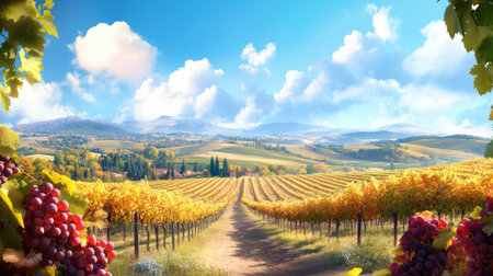 A picturesque vineyard landscape showcasing vibrant rows of grapes under a bright blue sky with fluffy clouds. This tranquil setting captures the essence of rural beauty and nature.の素材