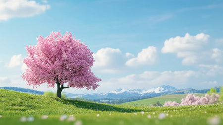 A stunning pink flowering tree stands alone in a lush green meadow, framed by a clear blue sky and distant snow-capped mountains, embodying serene beauty.の素材