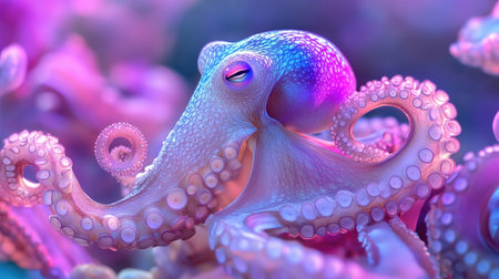 This stunning image captures a vibrant octopus surrounded by colorful corals in an underwater setting, showcasing the beauty of marine life and biodiversity.の素材