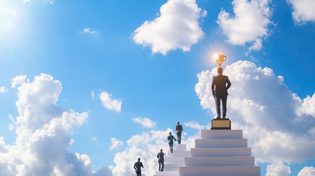 An inspiring scene depicting a journey towards success. Silhouettes of people ascend steps toward a trophy, reflecting ambition and motivation against a bright sky.の素材