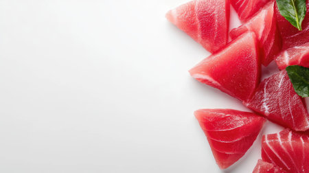 Bright, vibrant slices of fresh tuna arranged on a clean white surface, perfect for preparing gourmet dishes or stylish seafood presentations.の素材