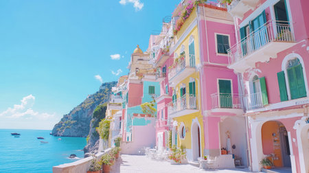 Discover the charm of vibrant coastal buildings lining a picturesque bay. This serene summer landscape captures the essence of tranquil seaside living, perfect for travel inspiration.の素材
