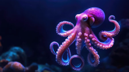 A vibrant octopus gracefully swims in serene deep ocean waters, showcasing a stunning display of color and movement. This captivating marine life exemplifies beauty and agility in its underwater habitat.の素材