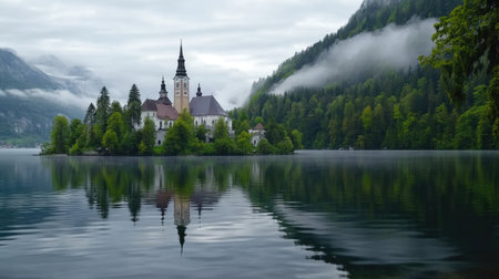 A stunning castle emerges from an island in a tranquil lake, reflecting the serene sky and lush greenery of surrounding mountains. Ideal for nature lovers.の素材