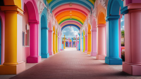 A vibrant and colorful corridor with arches and rainbow decor creates a cheerful atmosphere, inviting visitors to explore the artistic architecture in an urban setting.の素材