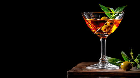This stunning image features an elegant cocktail garnished with olives and fresh herbs, set against a striking black background. Perfect for any beverage-focused project.の素材