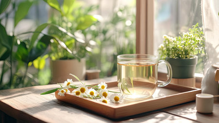 A serene composition featuring a glass of herbal tea with chamomile flowers on a wooden tray, surrounded by lush greenery, evoking a peaceful atmosphere filled with natural beauty.の素材