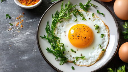 A beautifully presented fried egg garnished with fresh herbs, spices, and placed on a stylish plate. Perfect for food lovers and culinary enthusiasts.の素材