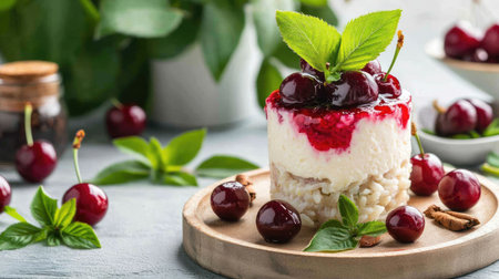 This delectable cherry dessert features a creamy layer topped with fresh cherries and mint, served on a wooden plate, perfect for summer gatherings.の素材