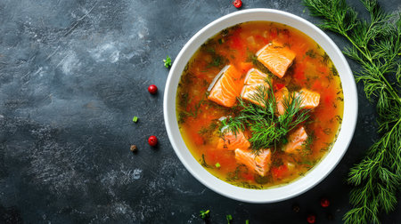 A vibrant and hearty salmon soup featuring fresh herbs, colorful vegetables, and a savory broth, perfect for a nutritious meal any time of the day.の素材