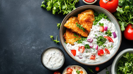 Explore a delightful dish of crispy fried fish served with a creamy sauce, garnished with fresh vegetables, showcasing vibrant colors and textures. Perfect for meals.の素材