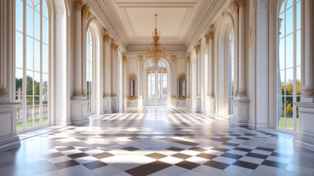 Stunning empty interior with large windows and a checkered floor. The elegant design combines classic architecture with natural light, creating a serene atmosphere.の素材