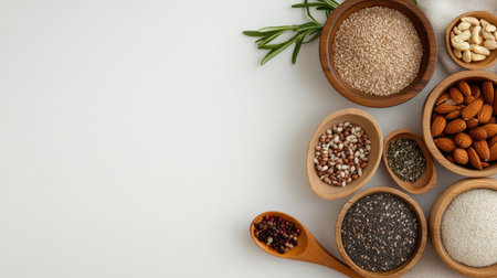 Discover a vibrant arrangement of assorted spices and nuts displayed in wooden bowls. Perfect for healthy cooking and culinary inspirations in a neutral setting.の素材