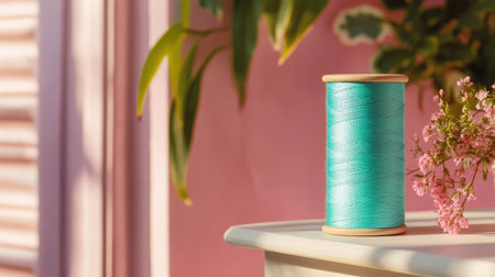 A vibrant turquoise thread spool stands elegantly on a vintage light brown table, surrounded by soft pink walls and delicate flowers, creating an inviting and creative atmosphere.の素材