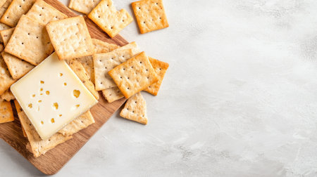 Savory crackers paired with a slice of creamy cheese on a wooden board. This simple yet elegant arrangement is perfect for any snack or gathering.の素材