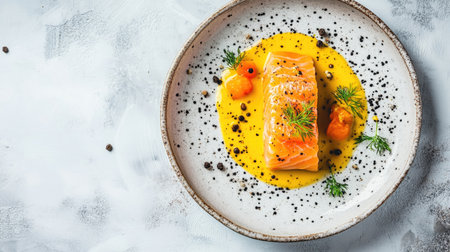 A beautifully presented salmon fillet on a creamy yellow sauce, garnished with herbs and spices. Ideal for food lovers and gourmet cooking inspiration.の素材