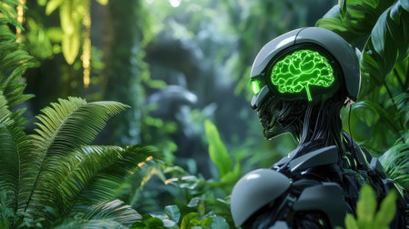 A futuristic robot features a glowing brain, surrounded by vibrant jungle foliage. This captivating image blends technology with nature, showcasing innovation and exploration.の素材