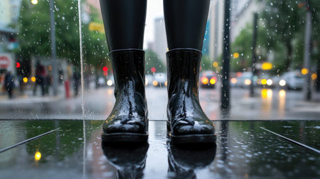 A stylish pair of black rain boots stands on a wet sidewalk in a bustling urban setting, reflecting the rainy atmosphere and enhancing the mood of the scene.の素材