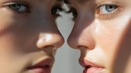This captivating close-up portrait features two women with striking blue eyes, showcasing their natural beauty and gentle expressions in harmonious light and shadow.の素材