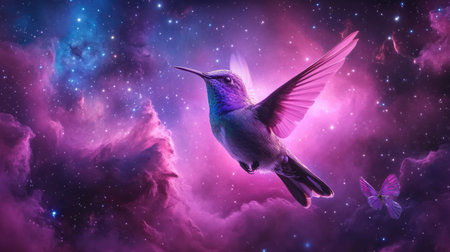 This stunning image showcases a colorful hummingbird soaring through a vibrant cosmic backdrop. The blend of purple and pink hues creates an ethereal atmosphere, highlighting the beauty of wildlife in a dreamlike environment.の素材