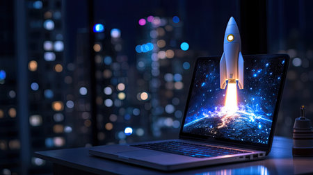 A captivating image of a rocket launching from a laptop, symbolizing innovation and exploration in a vibrant urban nighttime setting, showcasing digital creativity.の素材