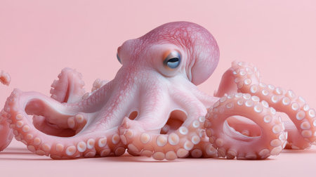 A beautifully detailed octopus with soft pink skin and expressive features rests gracefully on a matching background, showcasing its unique texture and intricate tentacles.の素材
